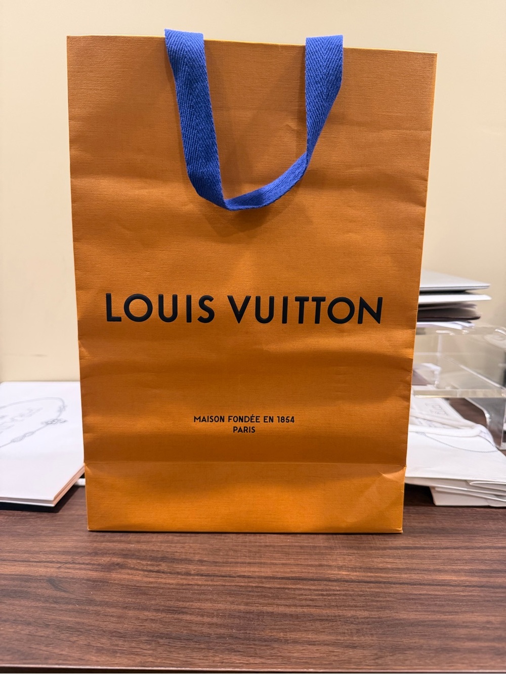 Louis Vuitton Orange Gift Bag with Blue Ribbon Handles